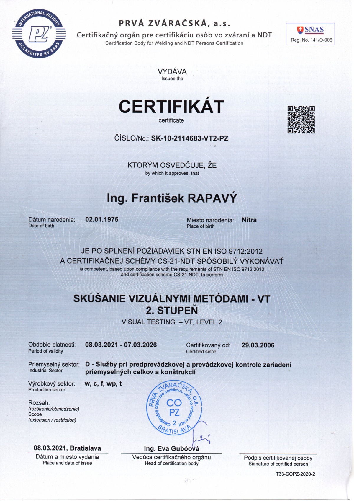 Certifikát UTT - meranie hrúbok ultrazvukom podľa EN 14127